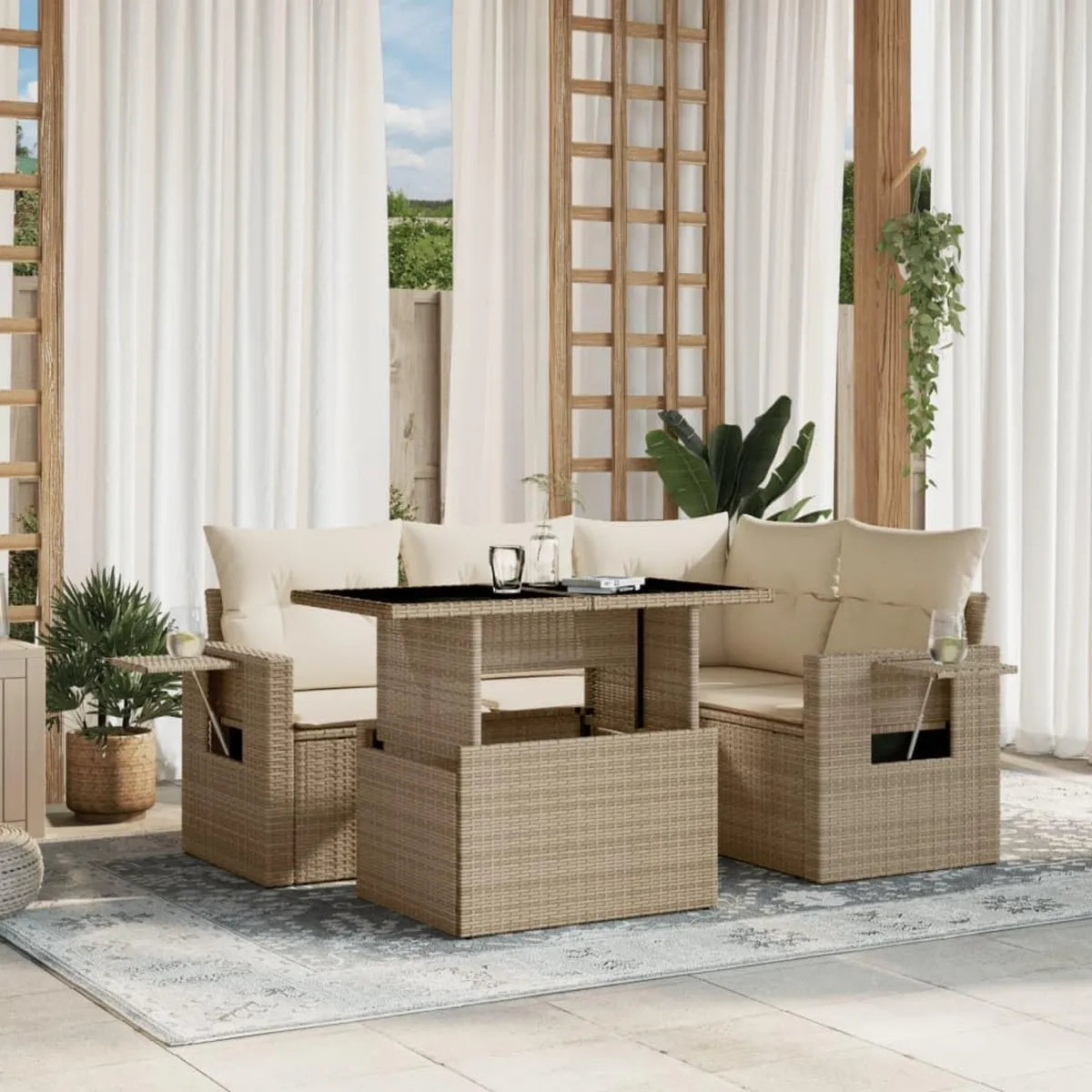 Set Divano da Giardino 5 Pezzi in Polyrattan con Cuscini Beige