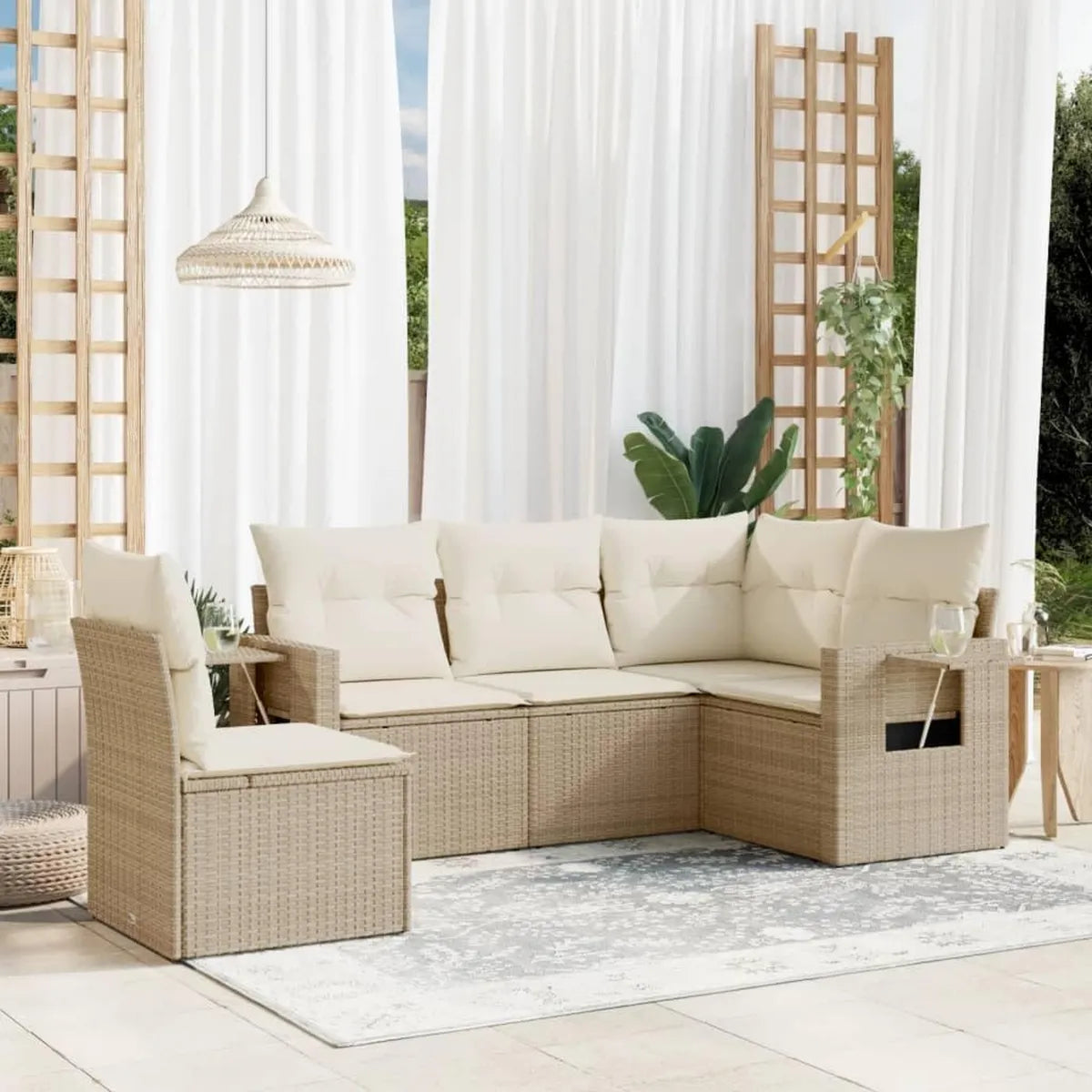 Set Divano Giardino 5 Pezzi in Polyrattan Beige con Cuscini