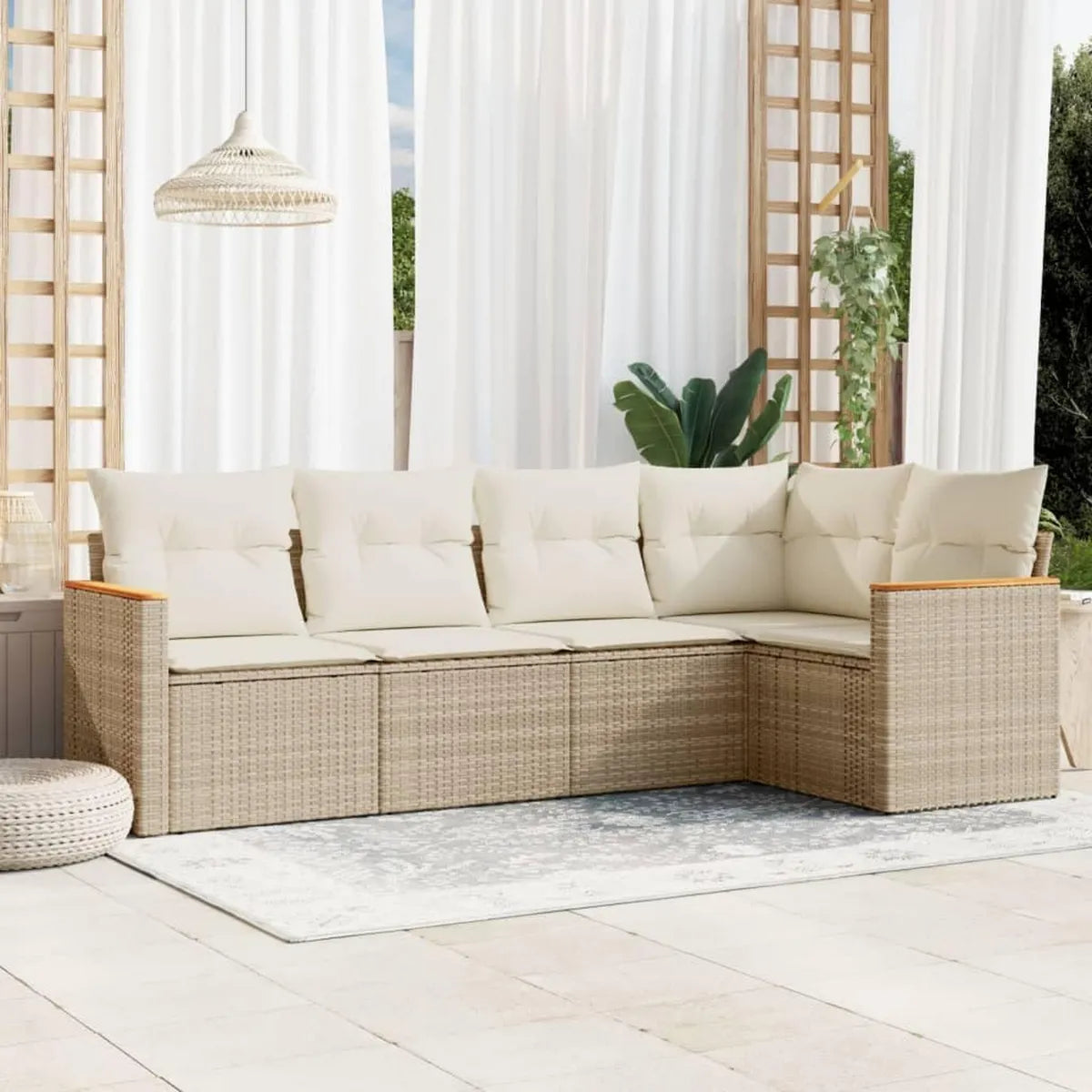 Set Divano da Giardino in Polyrattan con Cuscini Beige, 5 Pezzi, Modulare