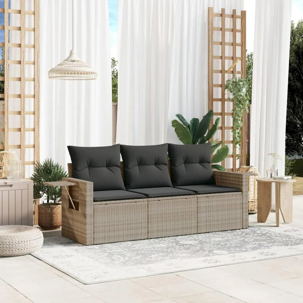 Set Divano da Giardino 3 Pezzi in Rattan Sintetico con Cuscini Grigio Chiaro