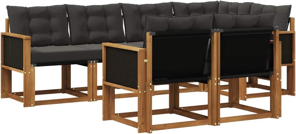 Set Divano da Giardino in Rattan con Cuscini Nero e Naturale, 7 Pezzi, Salotto Esterno Comodo e Elegante