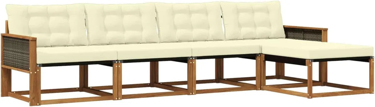 Set Divani da Giardino in Rattan 5 Pezzi con Cuscini Crema