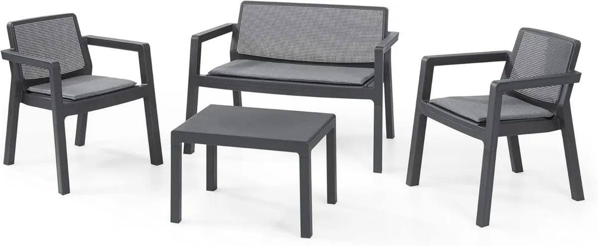 Set Salotto da Giardino Keter Emily in Grafite con Divano, Poltrone e Tavolino