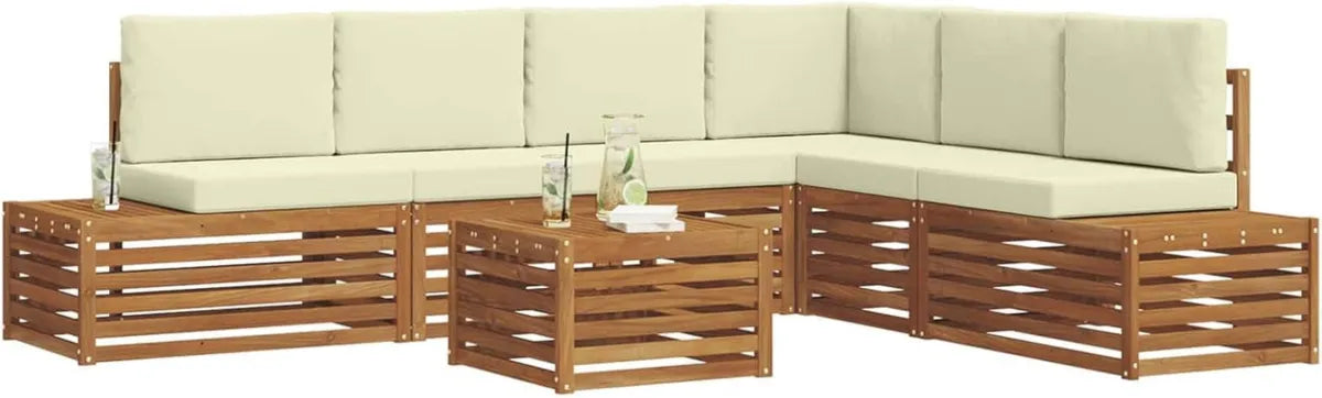 Set Divani da Giardino in Rattan con Cuscini, 7 Pezzi, Naturale e Crema, Stile Moderno