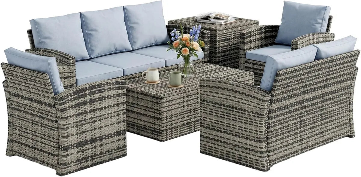 Set Mobili da Giardino Rattan 6 Pezzi, Salotto Esterno 7 Posti con Tavoli e Cuscini Lavabili, Struttura in Acciaio, Grigio