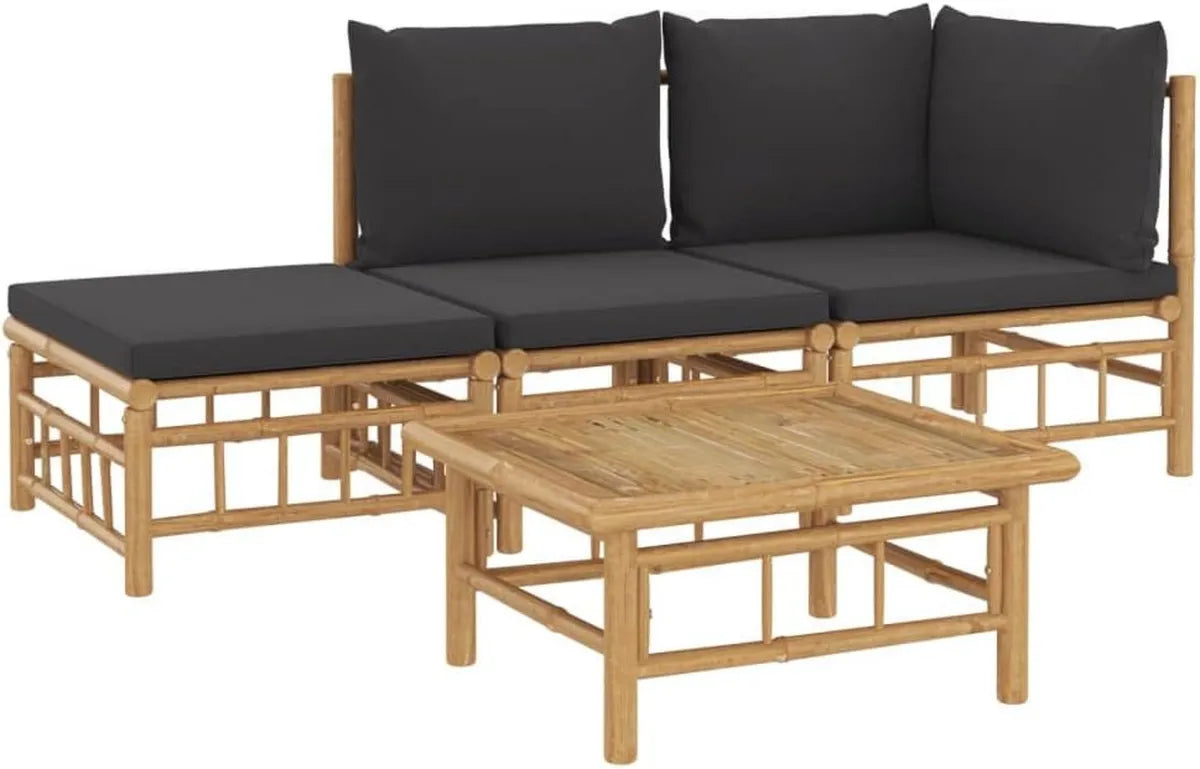 Set Arredamento da Esterno in Bambù Grigio Scuro con Cuscini - 4 Pezzi