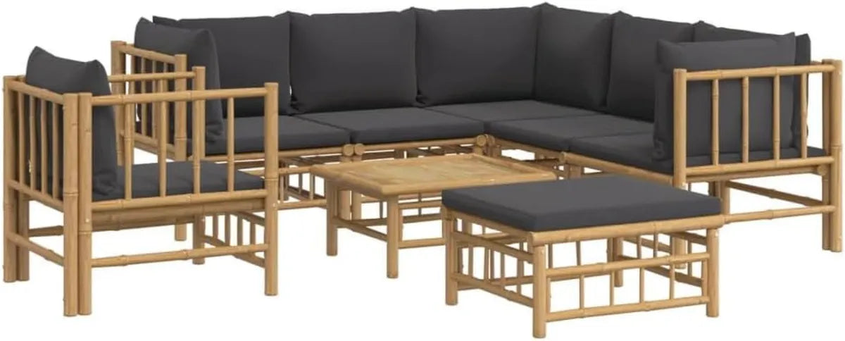 Set di Mobili da Giardino in Bambù con Cuscini Antracite, 8 Pezzi