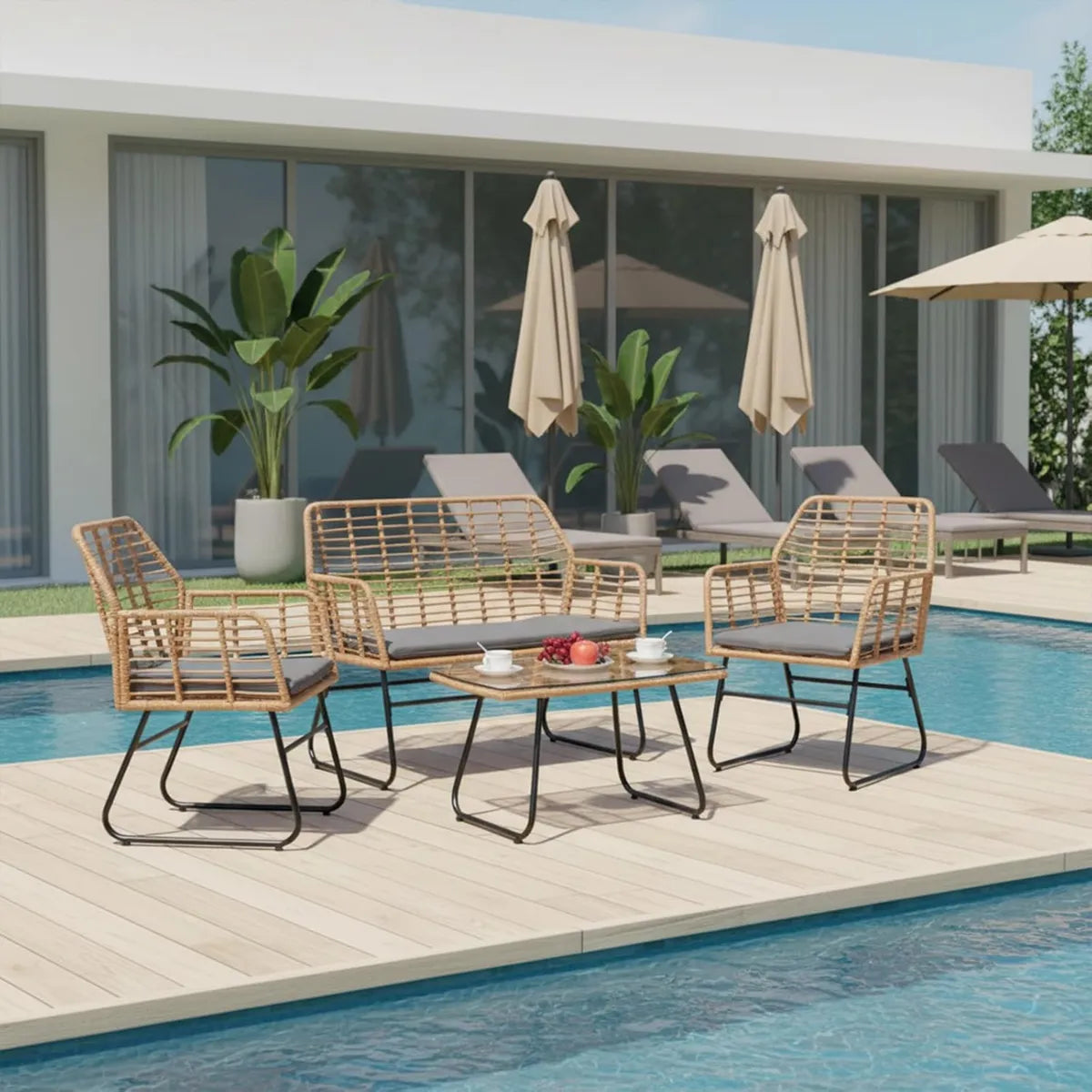 Set Arredo Giardino: Divano 2 Posti, 2 Poltrone, Tavolo e Cuscini