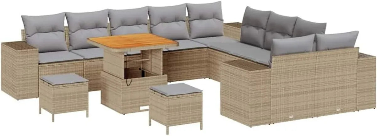 Set Divano da Giardino in Polyrattan Beige 13 Pezzi con Cuscini, Modulare e Resistente ai Raggi UV