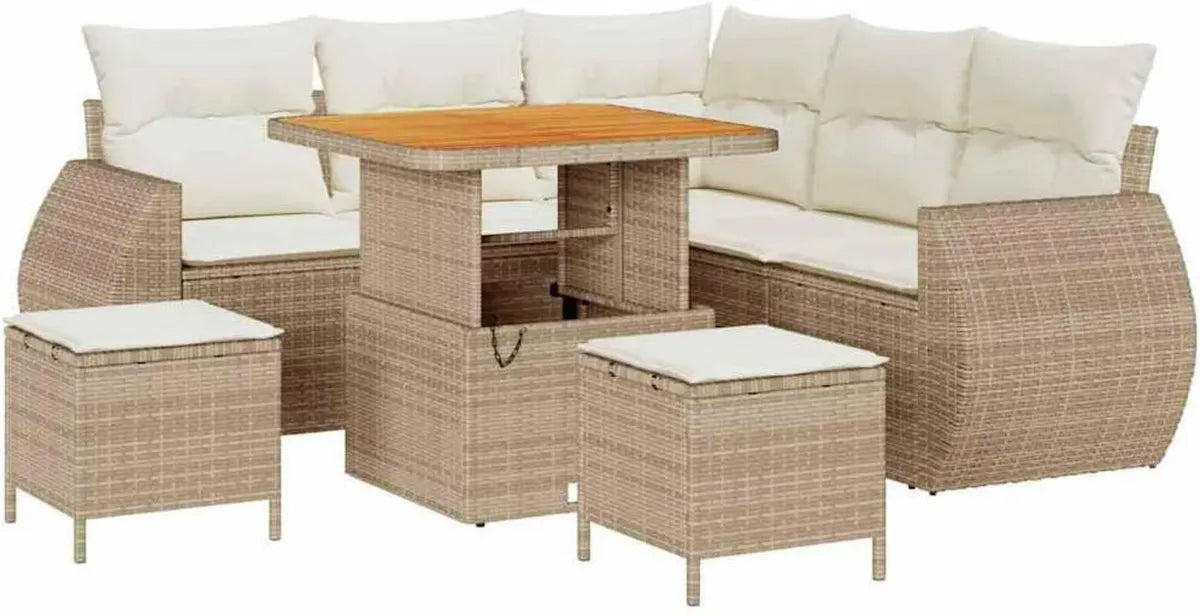 Set Divano da Giardino 8 Pezzi in Polyrattan Beige, Mobili da Esterno Modulari in Rattan, Divano in Legno di Acacia, Lounge Elegante e Resistente ai Raggi Solari