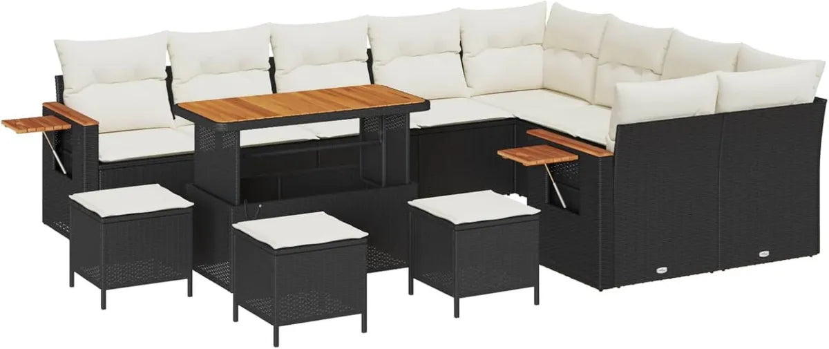 Set Arredo Giardino 13 Pezzi in Polyrattan Nero, Divano Modulare per Esterni, Mobili Resistenti e Confortevoli