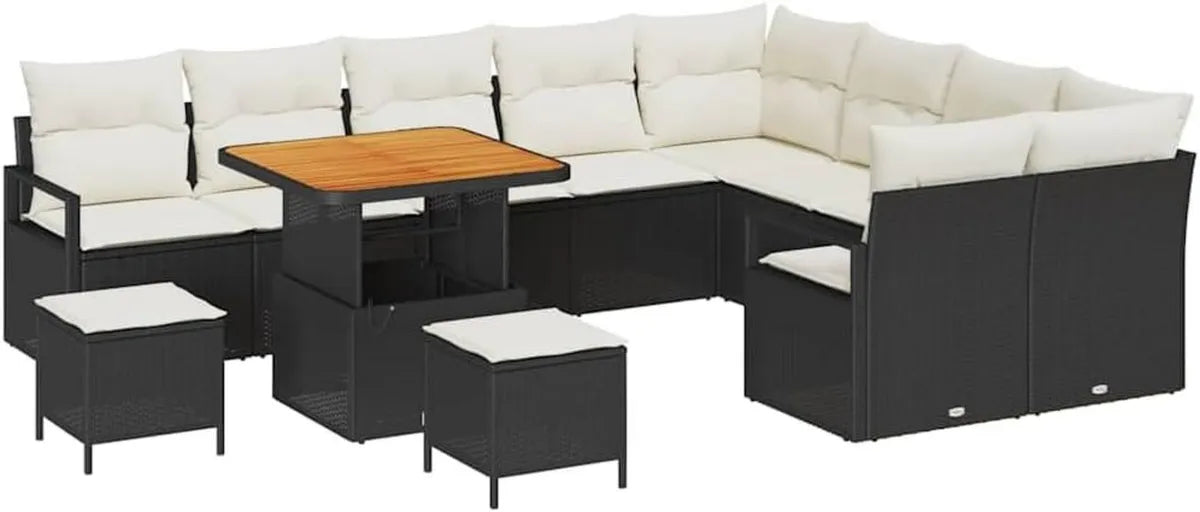 Set Salotto da Giardino in Polirattan Nero 12 Pezzi con Cuscini, Arredo Modulare per Esterni