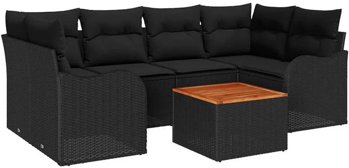 Set Divano da Giardino in Polyrattan Nero 7 Pezzi con Spazio di Archiviazione