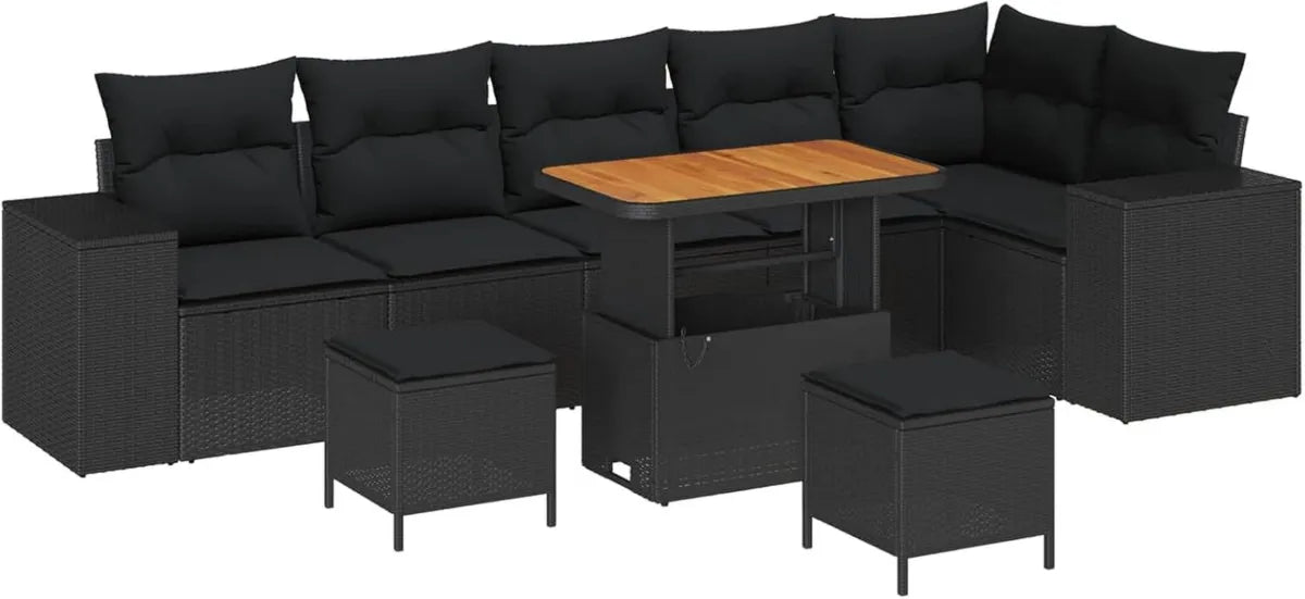 Set Salotto da Giardino 9 Pezzi in Polyrattan Nero con Cuscini