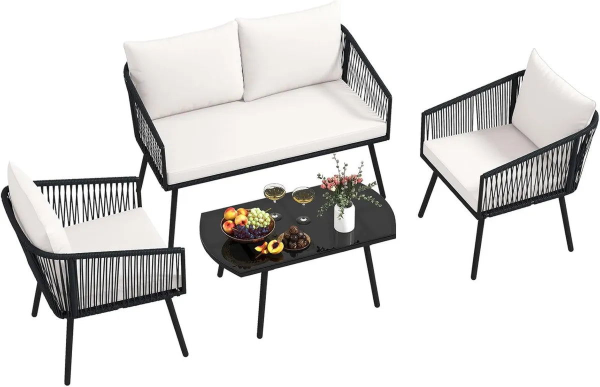 Set Mobili da Giardino in PE Intrecciato, Divano con Tavolino in Vetro e Poltrone, Completo con Cuscini per Esterni