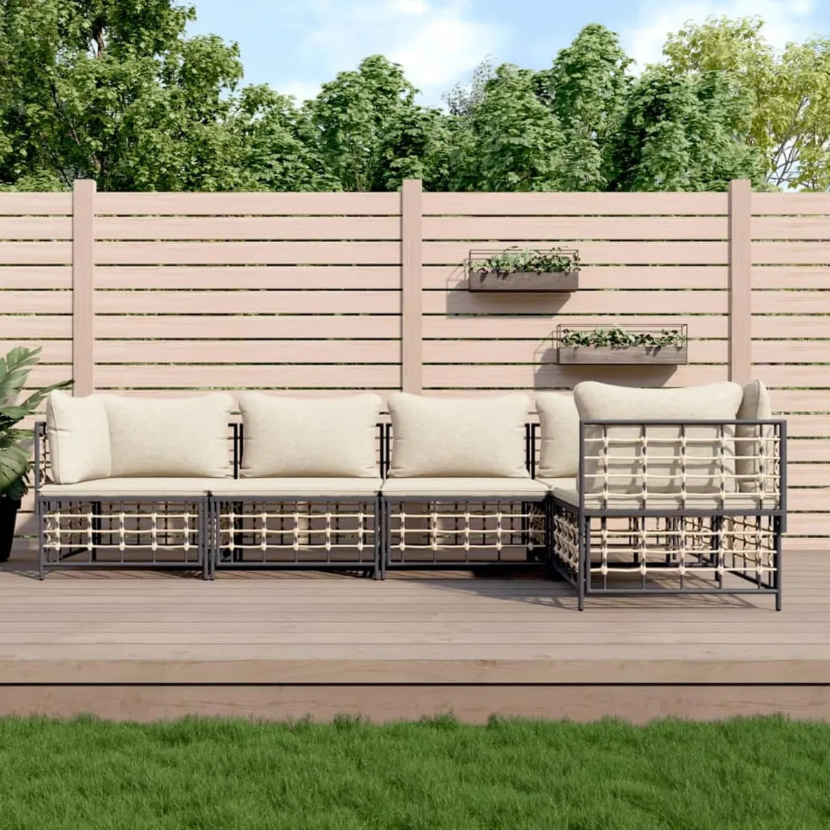 Set di Divani da Giardino 5 Pezzi con Cuscini Antracite in Polyrattan
