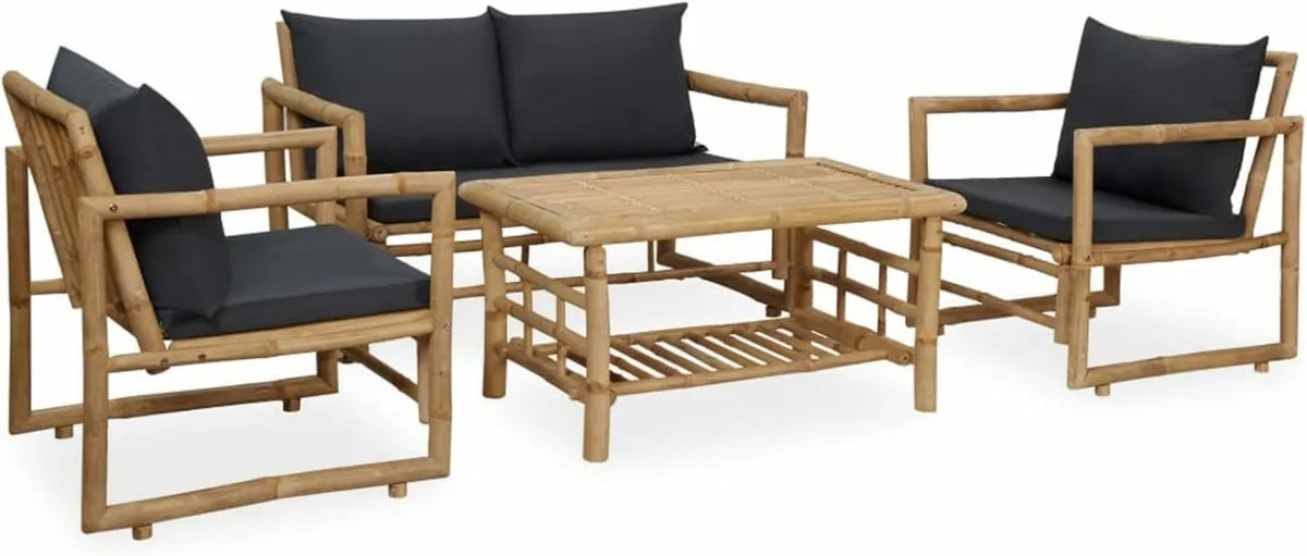 Set Salotto da Giardino in Bambù con Cuscini, Tavolo e Poltrone