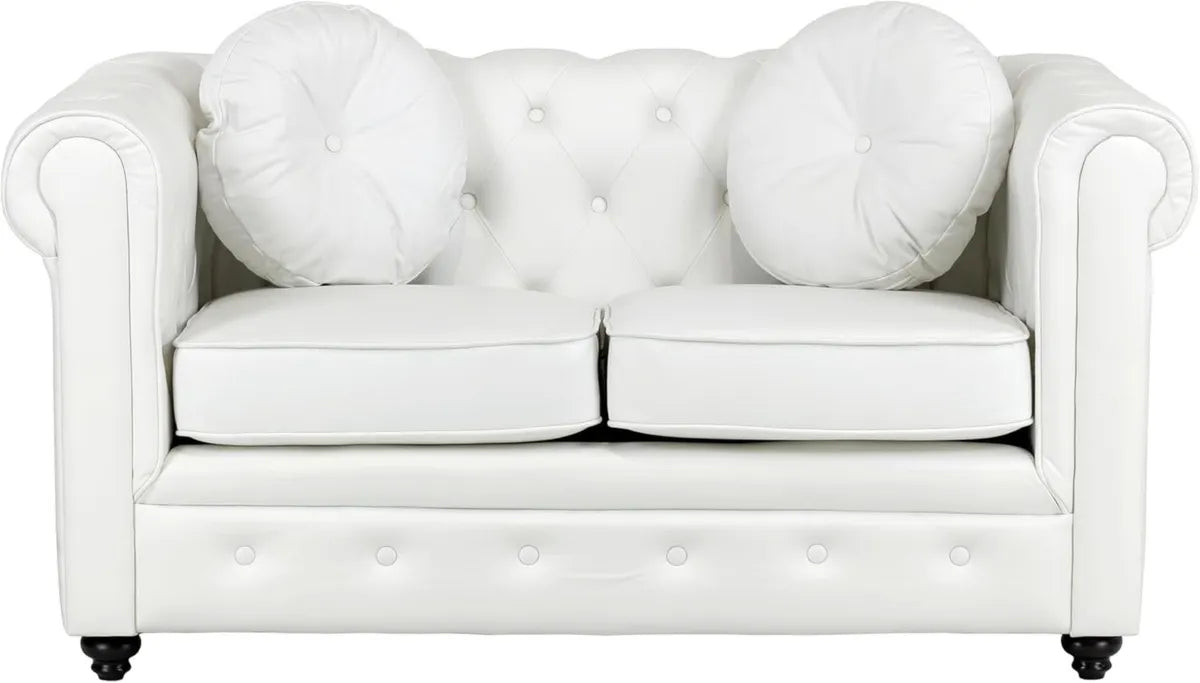Divano Chesterfield Vintage Trapuntato in Ecopelle, 2 Posti, Panna