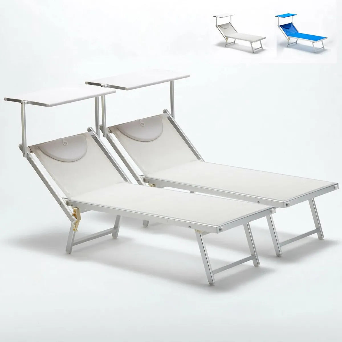 Set di 2 Lettini Prendisole Pieghevoli in Alluminio con Tettuccio e Cuscino Lavabile, 3 Posizioni, Beige