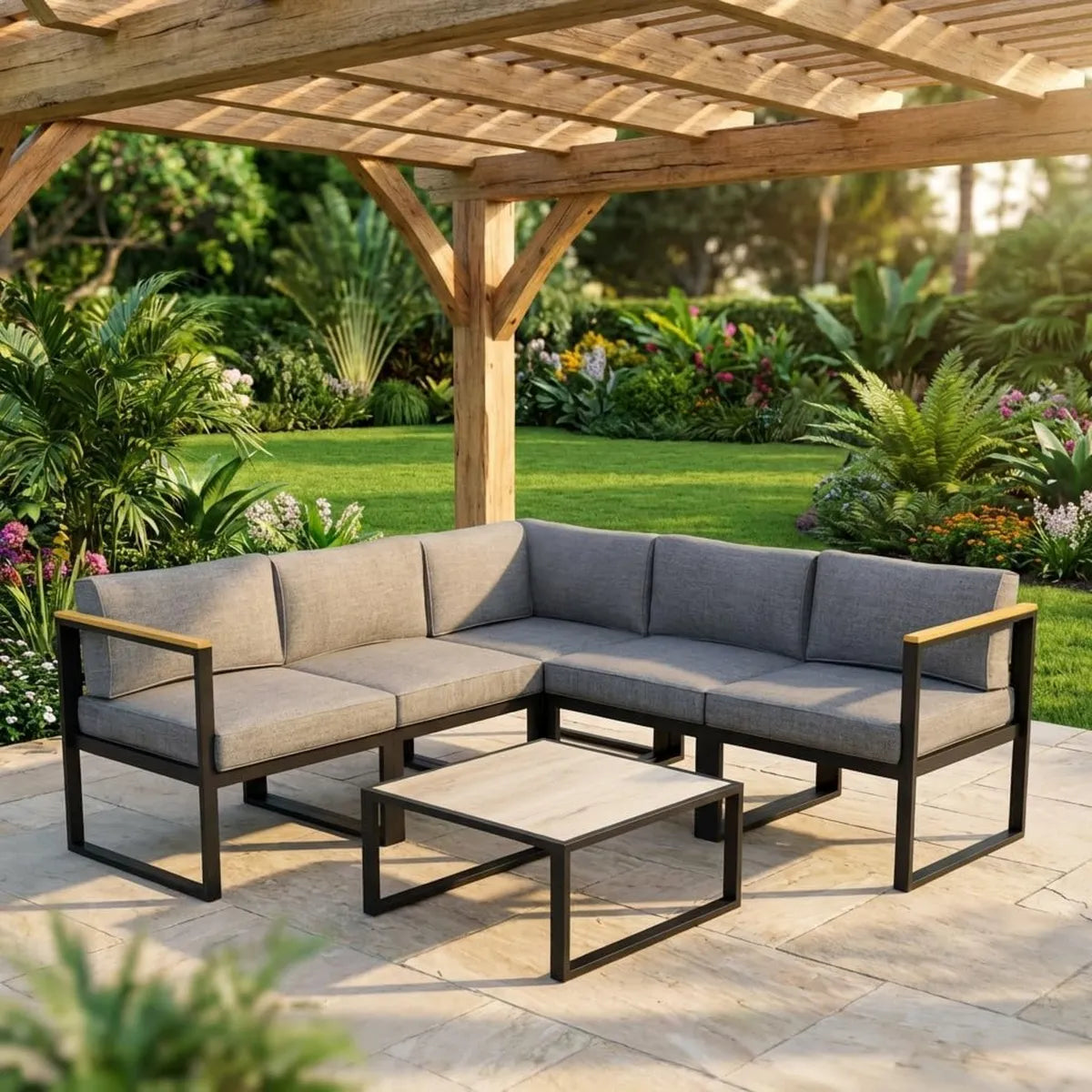 Set Divano Angolare da Giardino in Alluminio con Tavolino e Cuscini Grigi