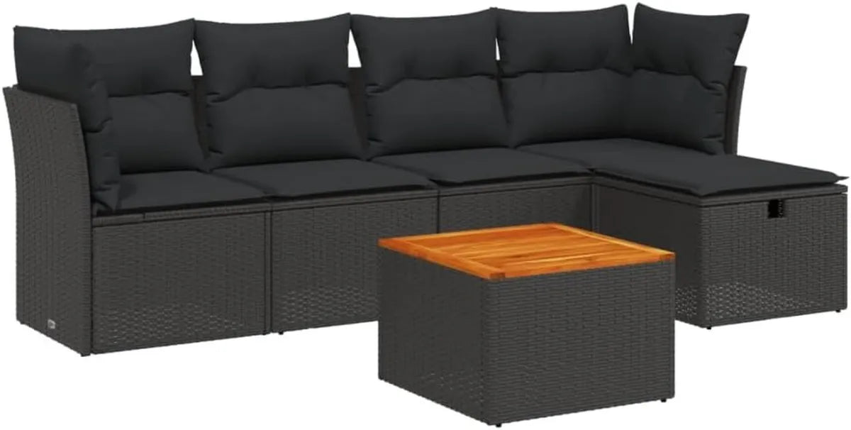 Set Salotto da Giardino 6 Pezzi in Rattan Sintetico Nero con Cuscini