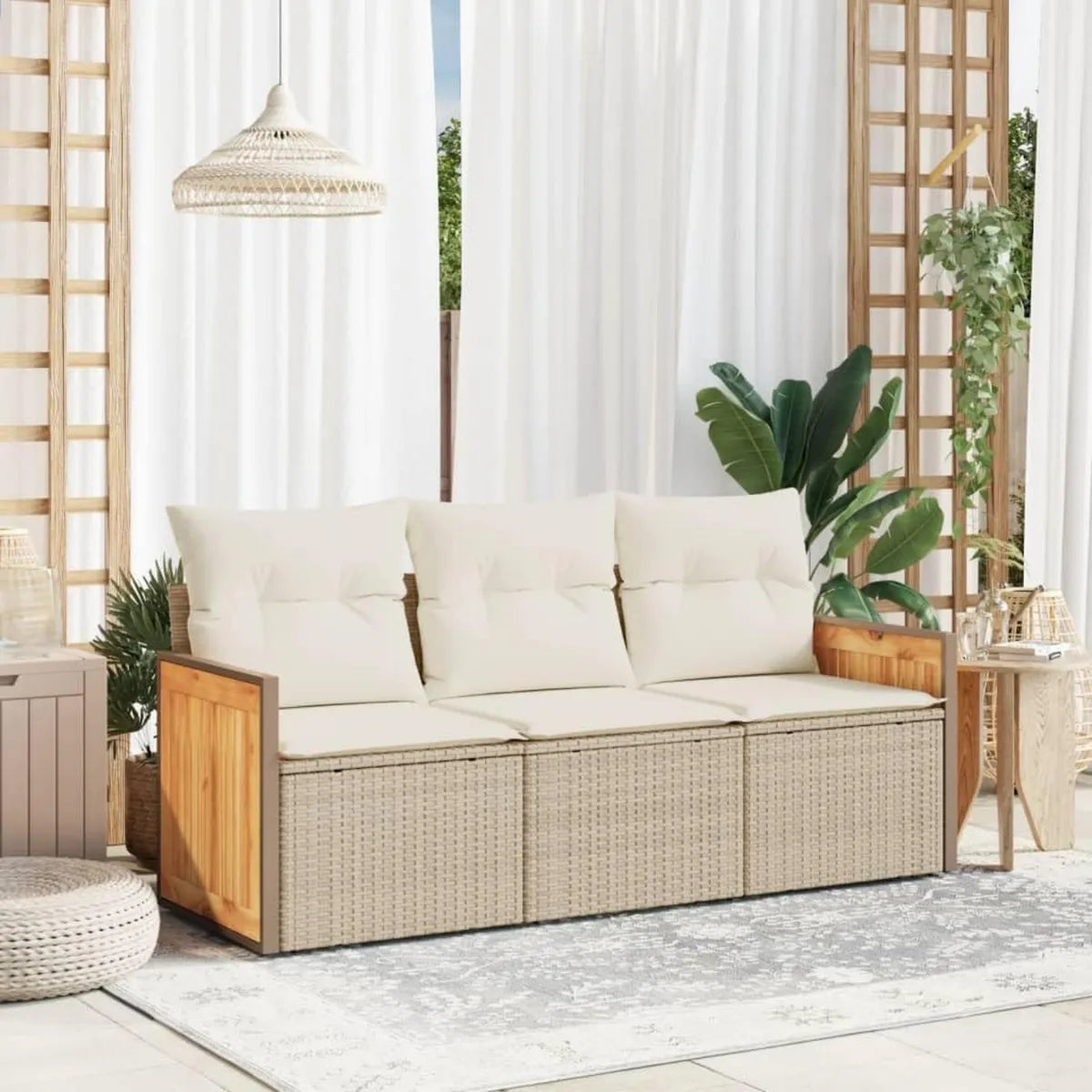 Set di Mobili da Giardino 3 Pezzi con Cuscini Beige in Polyrattan