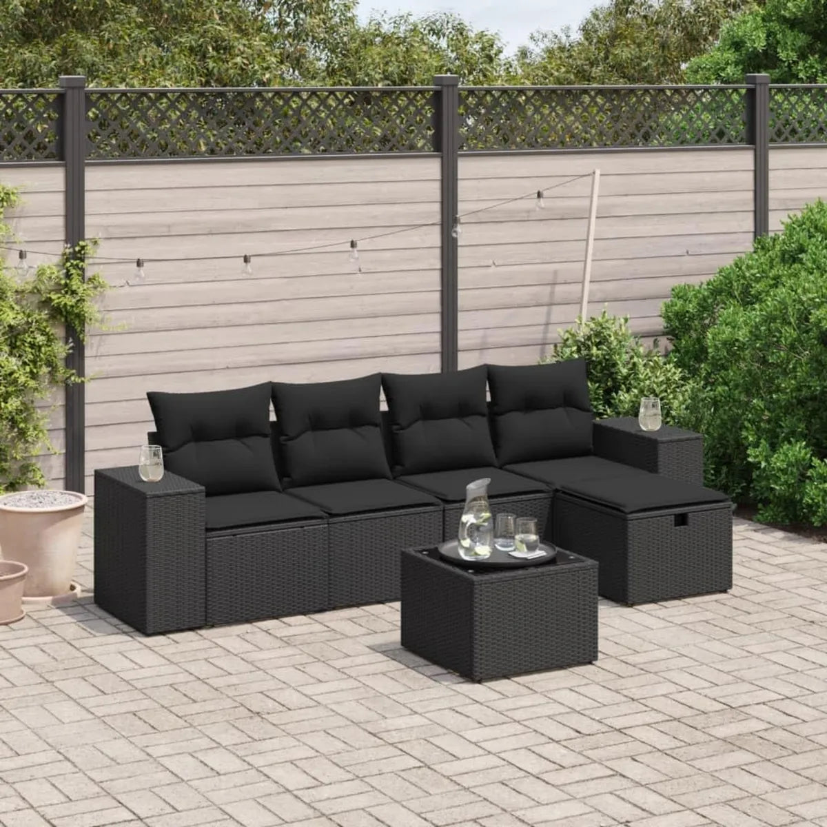 Set Divano da Giardino 6 Pezzi in Polyrattan Nero con Cuscini