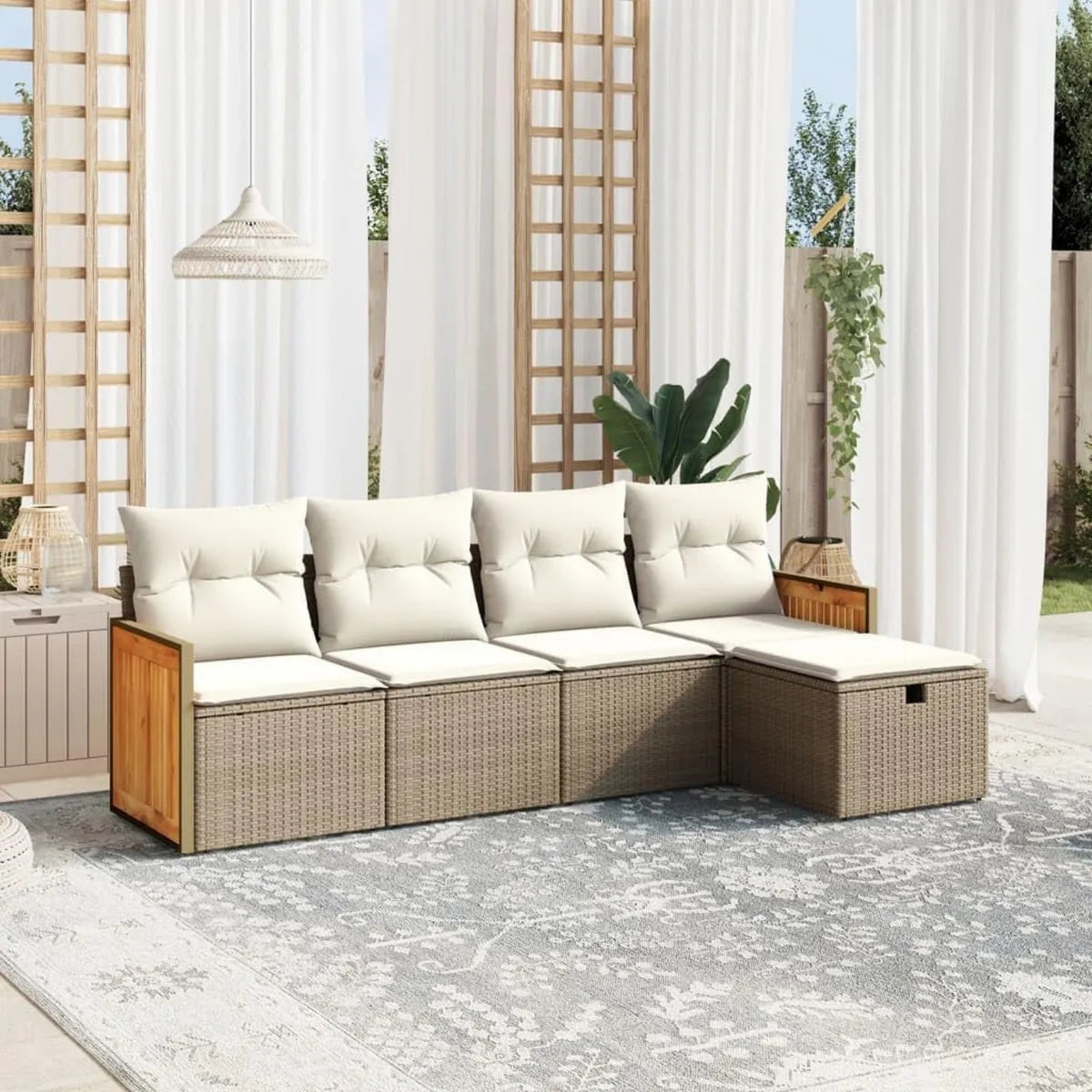 Set Arredamento Giardino 5 Pezzi con Cuscini Beige in Polyrattan - Gecheer