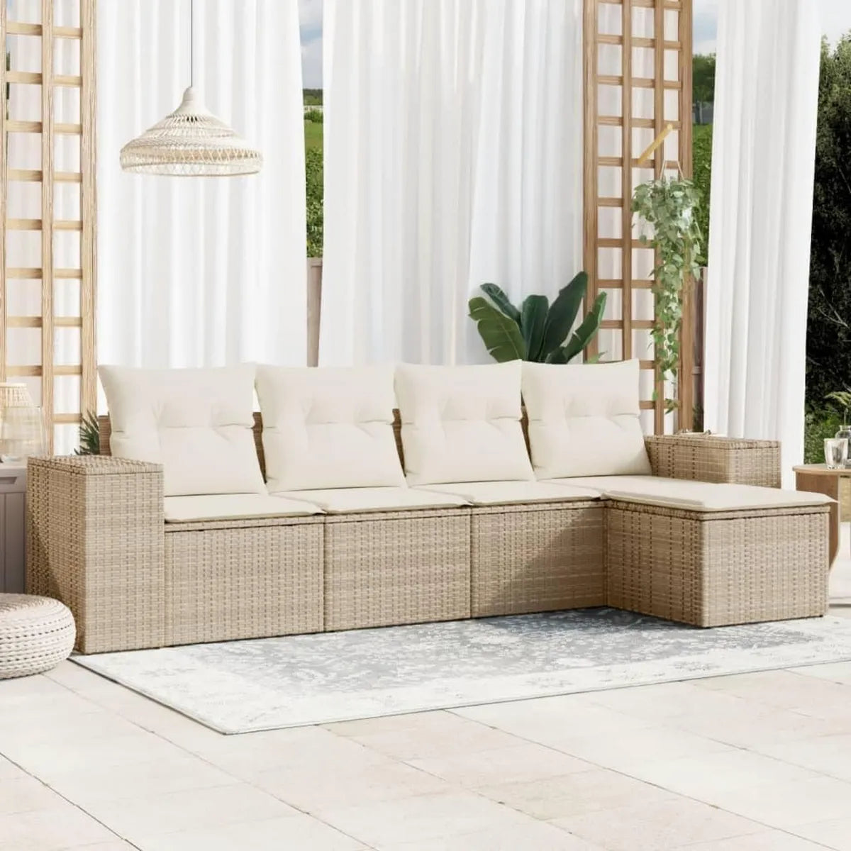 Set Salotto da Giardino 5 Pezzi in Polyrattan Beige con Cuscini