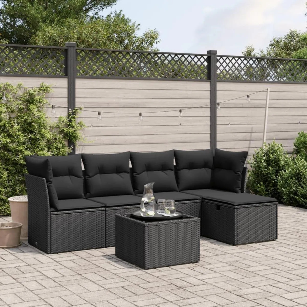 Set Salotto da Giardino in Polyrattan Nero con Cuscini, 6 Pezzi