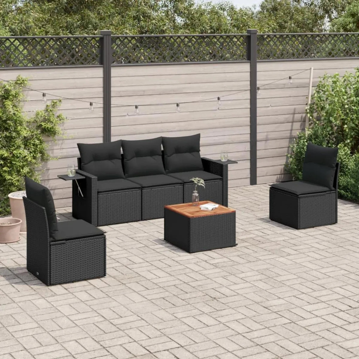 Set da Giardino 6 Pezzi in Rattan Sintetico Nero con Cuscini
