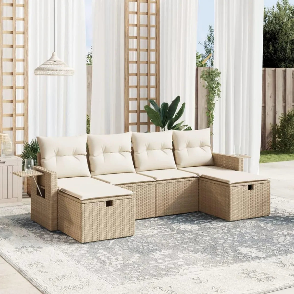 Set Salotto da Giardino in Polyrattan Beige con Cuscini, 6 Pezzi