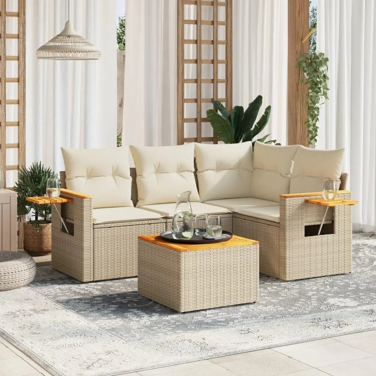 Set Salotto da Giardino 5 Pezzi in Polyrattan con Cuscini Beige