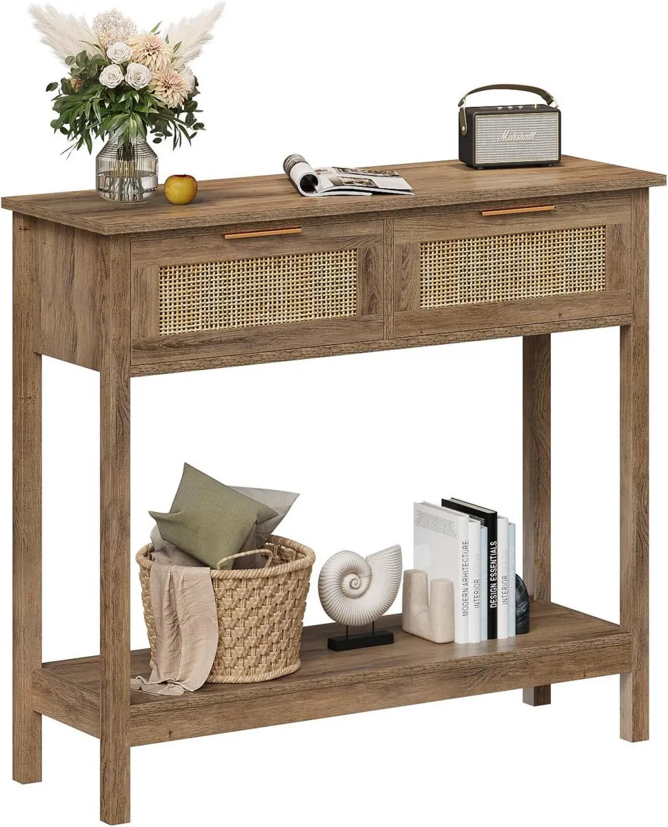 Trironsun Consolle Boho in Rattan e Legno con Cassetti, Ideale per Soggiorno e Ingresso, Rovere Caramello