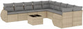Divano modulare da giardino in rattan sintetico beige con cuscini, spazio contenitore e tavolino in vetro - Set 11 pezzi