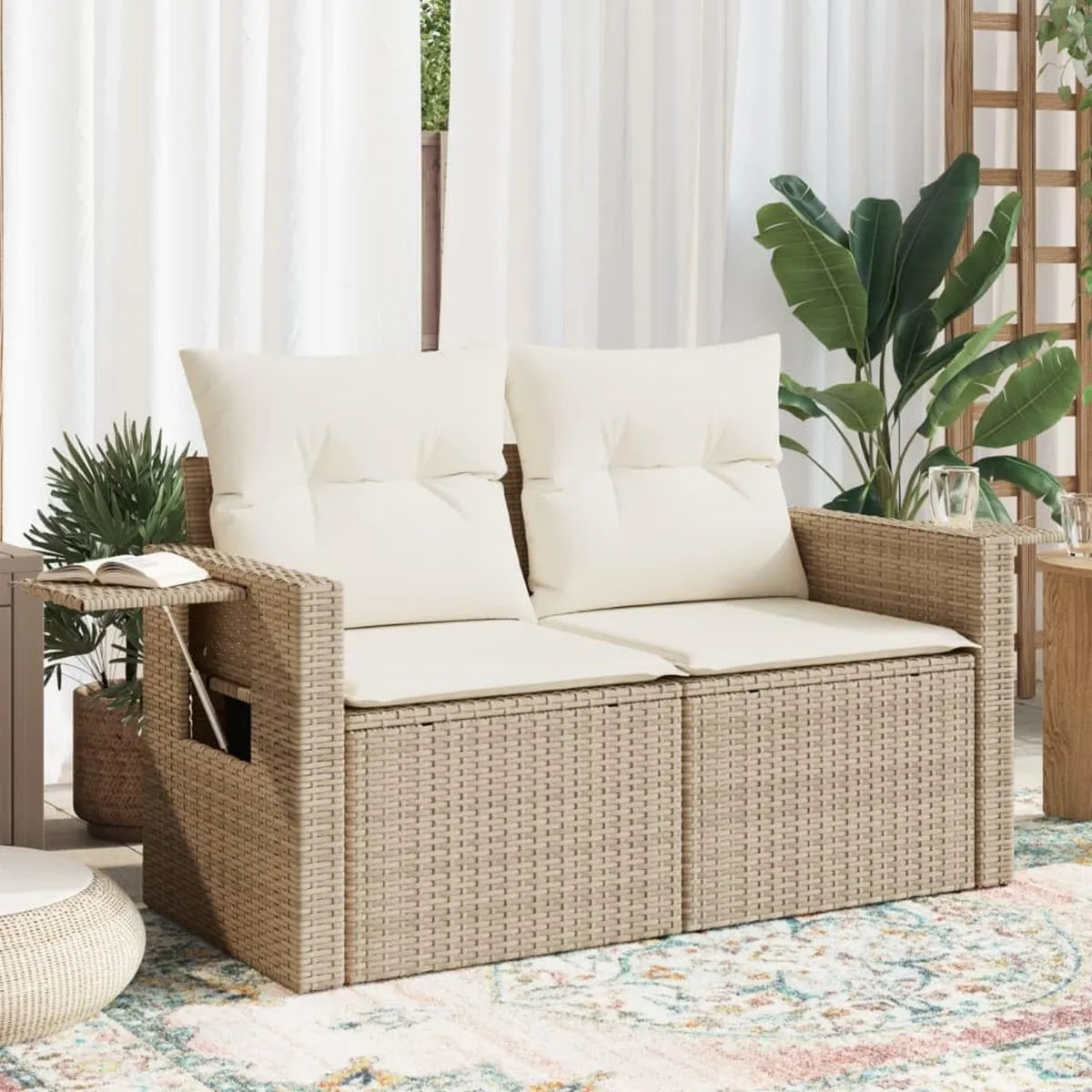 Divano da Giardino a 2 Posti in Polyrattan Beige con Cuscini