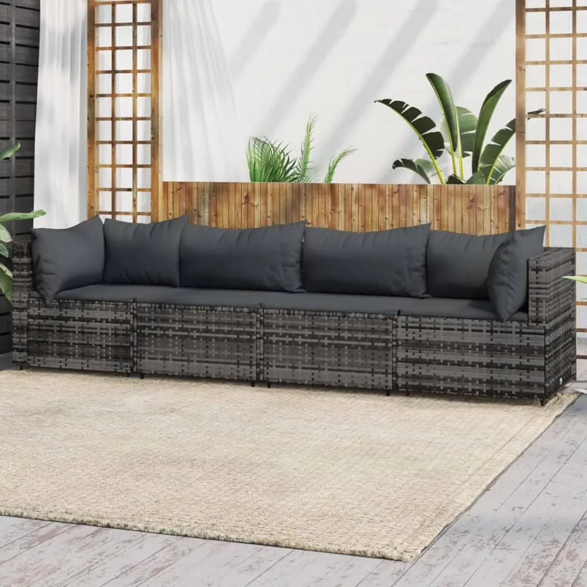 Set Divani da Giardino 4 Posti in Polyrattan Grigio e Antracite