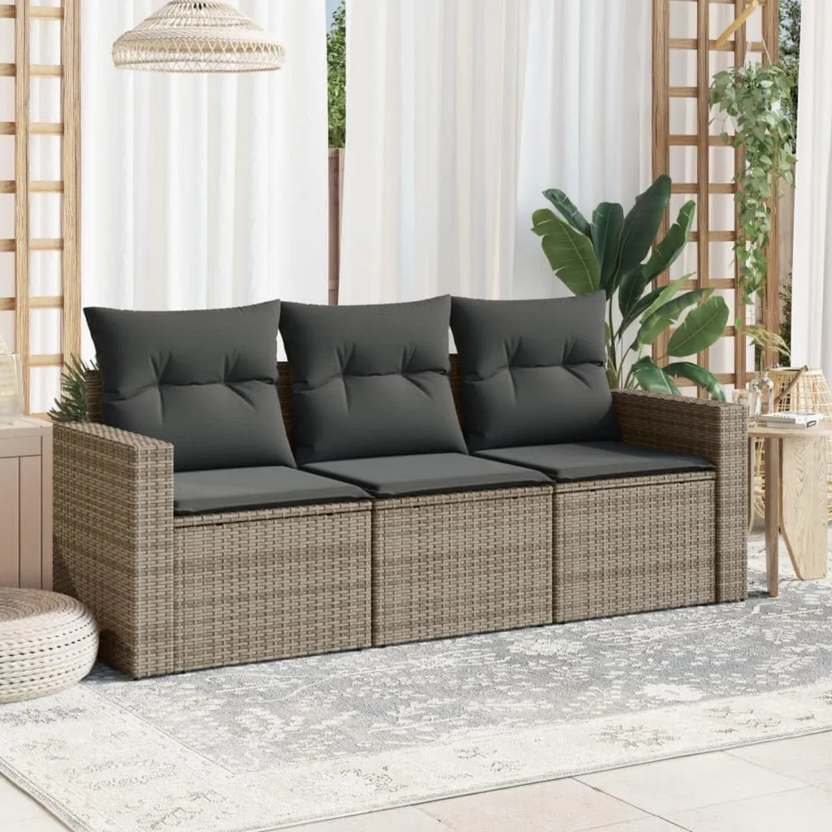 Set Salotto da Giardino in Polyrattan Grigio, 3 Pezzi con Cuscini, Divano Modulare 3 Posti per Esterni