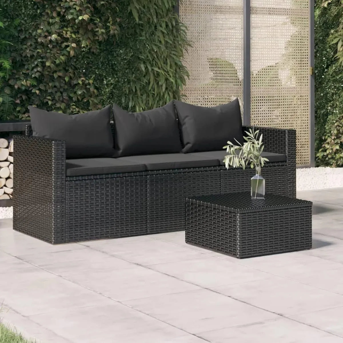 Divano da Giardino in Polyrattan Nero a 3 Posti per Esterni