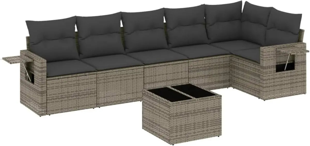 Set Divano da Giardino in Polyrattan Nero con Tavolini Pieghevoli