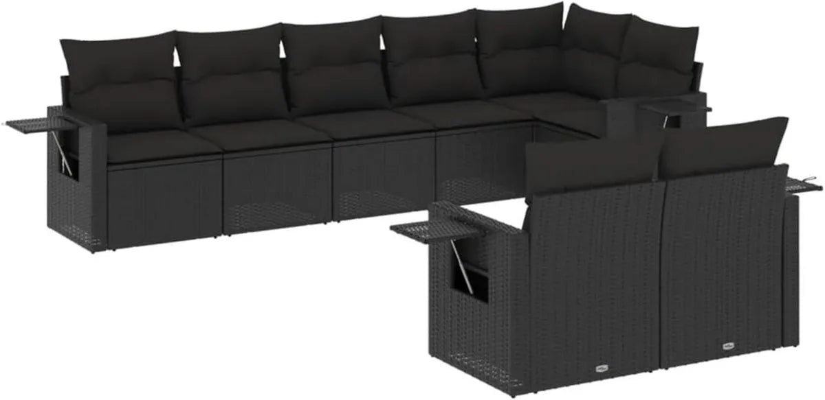 Set Divani da Giardino in Polyrattan Nero con Tavolini Pieghevoli