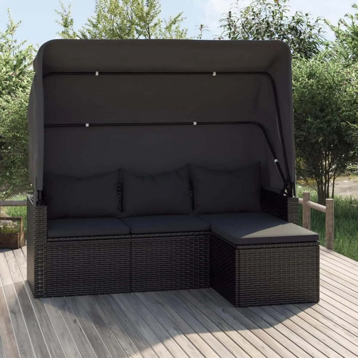 Divano da Giardino 3 Posti Nero in Polyrattan con Tetto e Poggiapiedi