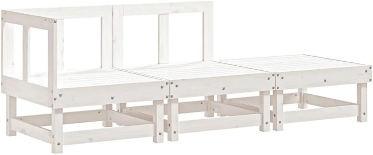 Set Divano Modulare da Giardino in Legno di Pino Bianco, 3 Posti con Sgabello