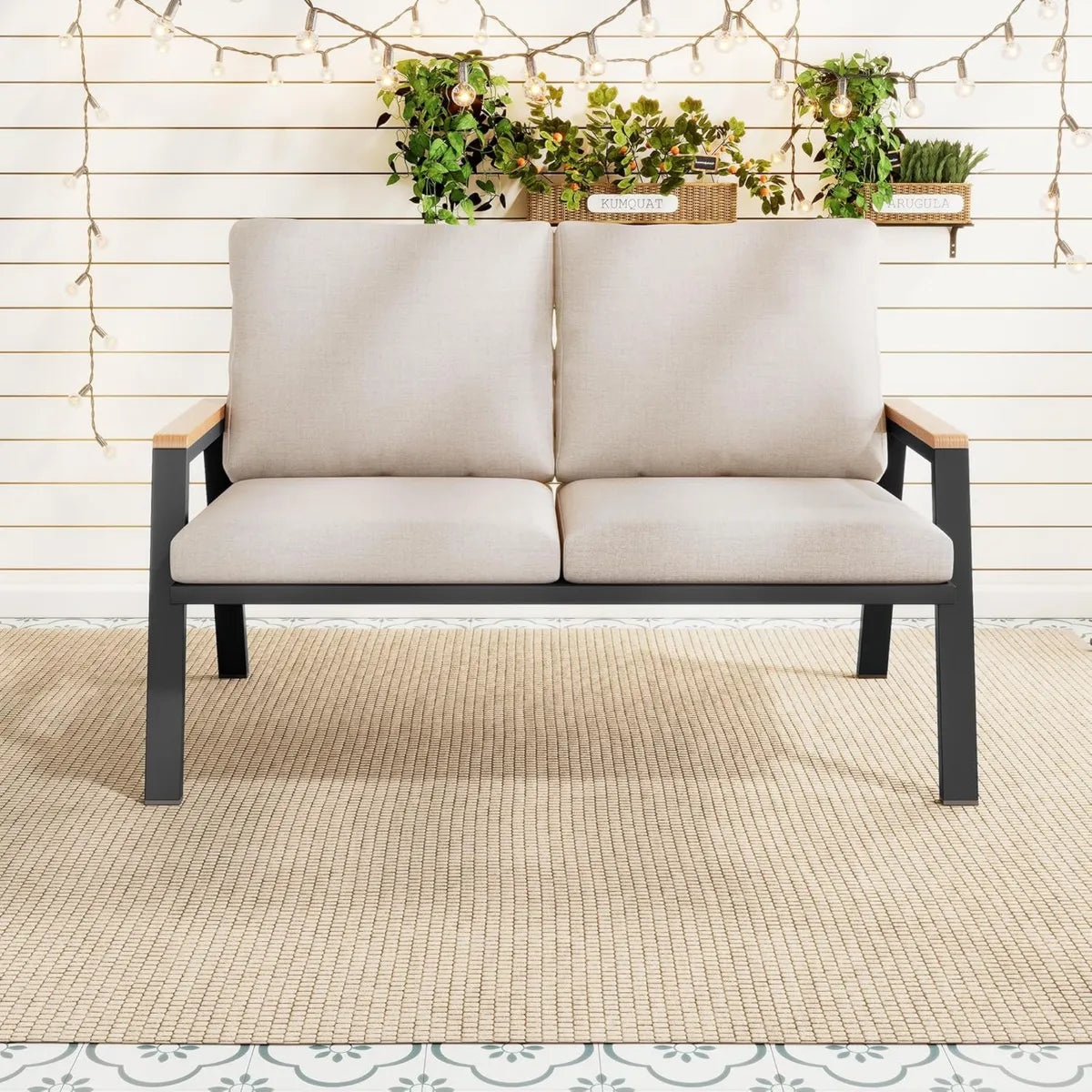Divano da giardino a 2 posti, struttura in acciaio zincato, braccioli in legno, stile industriale, color grigio beige