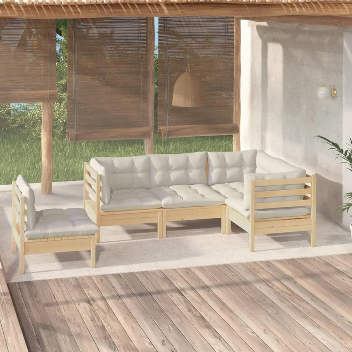 Set Divani da Giardino 5 Pezzi con Cuscini in Legno di Pino