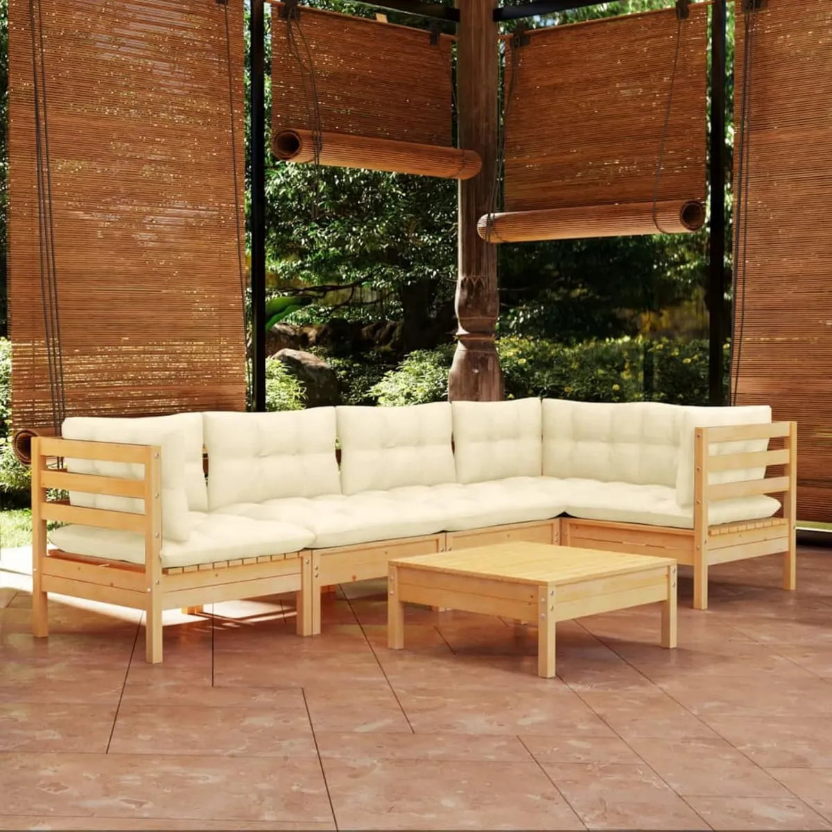 Set Salotto da Giardino in Legno di Pino con Cuscini, 6 Pezzi