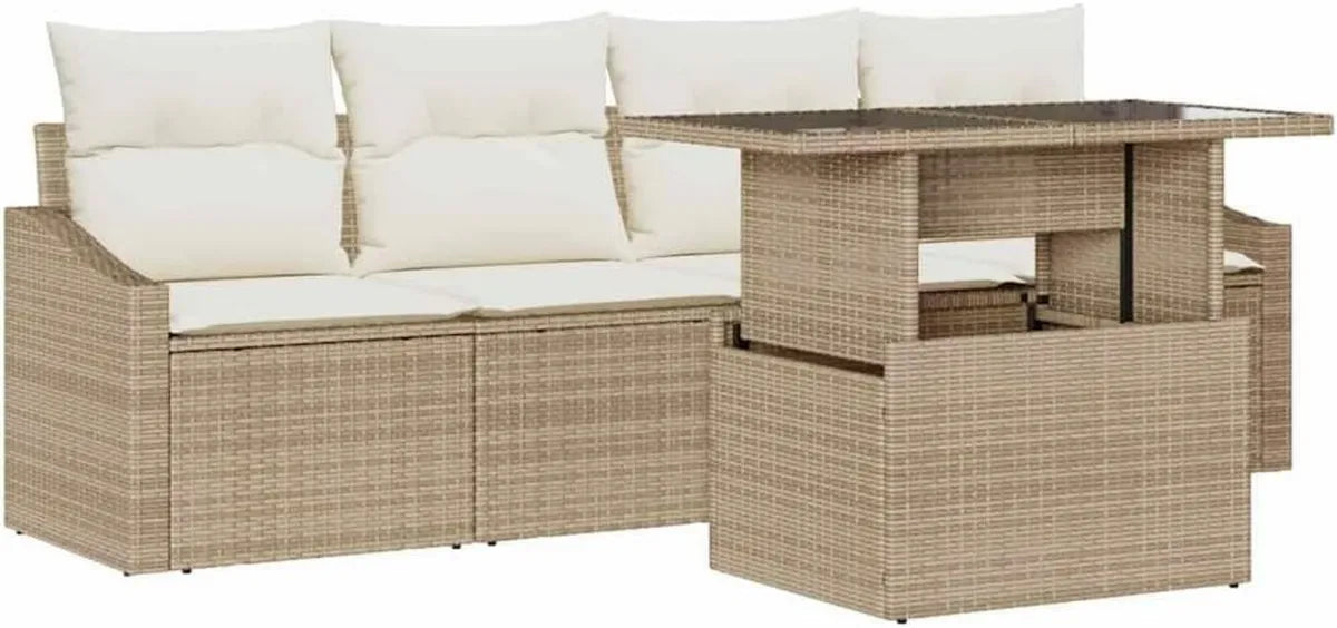 Set Divano da Giardino 5 Pezzi Beige in Polirattan, Modulare e Confortevole, Resistente ai Raggi UV per Esterni