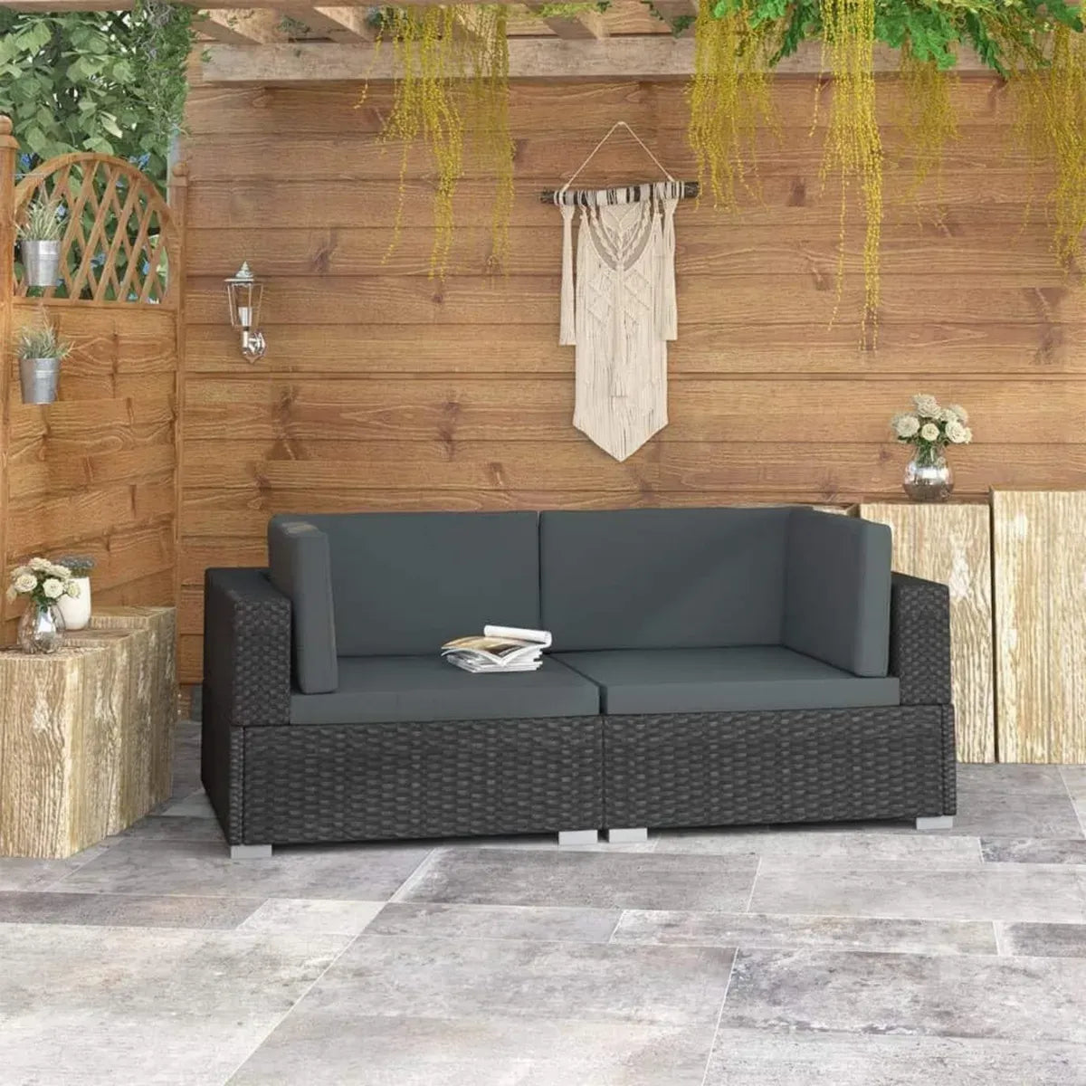 Set Divano Angolare Modulare 2 Pezzi in Polyrattan Nero per Esterni