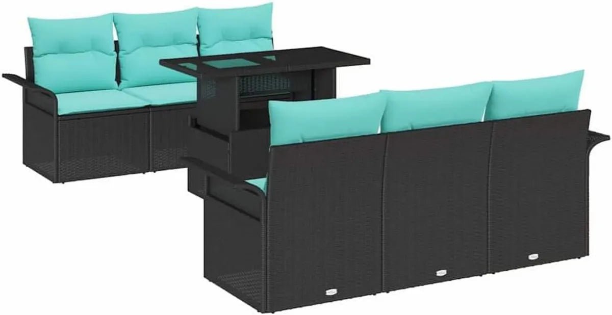 Set Divano da Giardino 7 Pezzi Nero in Rattan Sintetico con Cuscini