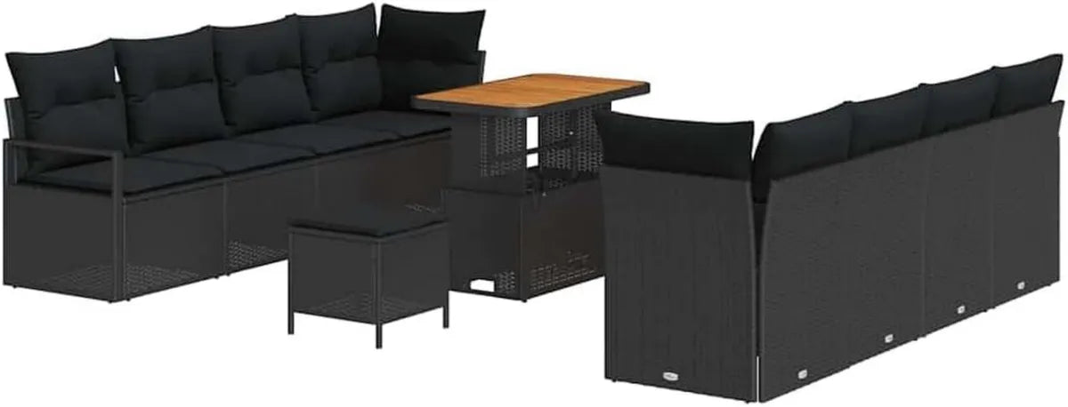 Set Salotto da Giardino in Polyrattan Nero 11 Pezzi con Cuscini, Divano Modulare Leggero UV-Resistente e Tavolo Regolabile